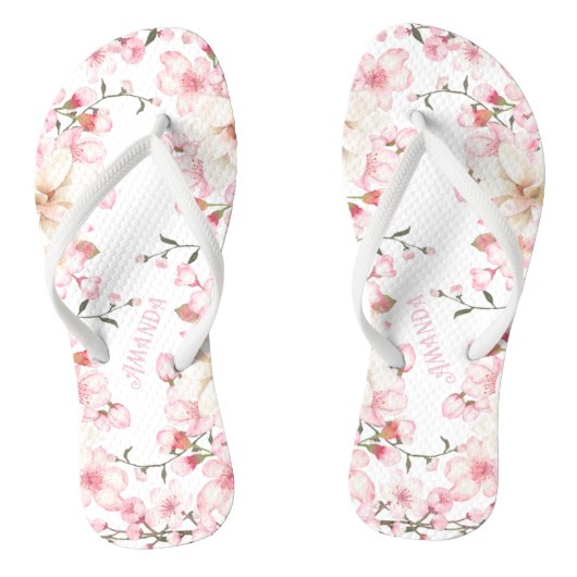 Floral Cherry Blossom Naam Roze Wit Teenslippers (Voetbed)