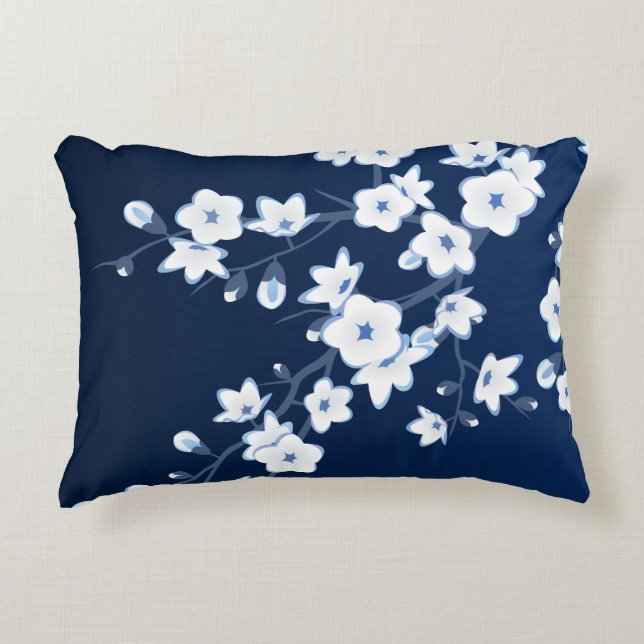 Floral Cherry Blossom Navy Blue White Decoratief Kussen (Voorkant)