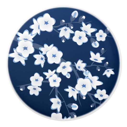 Floral Cherry Blossom Navy Blue White Keramische Knop (Voorkant)