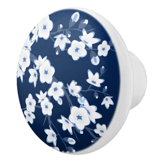 Floral Cherry Blossom Navy Blue White Keramische Knop (Rechts)