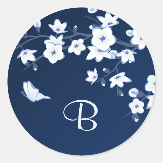 Floral Cherry Blossom Navy Blue White Monogram Ronde Sticker (Voorkant)