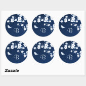 Floral Cherry Blossom Navy Blue White Monogram Ronde Sticker (Vel)