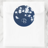Floral Cherry Blossom Navy Blue White Monogram Ronde Sticker (Tas)