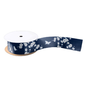 Floral Cherry Blossom Navy Blue White Satijnen Lint