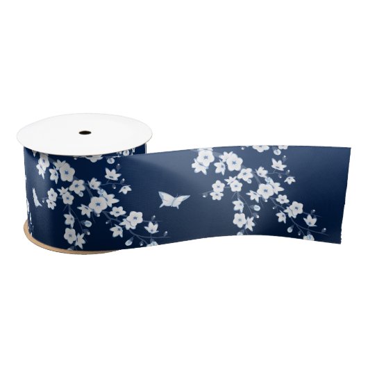 Floral Cherry Blossom Navy Blue White Satijnen Lint (Spoel)