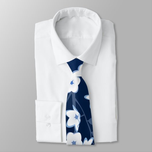 Floral Cherry Blossom Navy Blue White Stropdas (Gebonden)