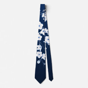 Floral Cherry Blossom Navy Blue White Stropdas