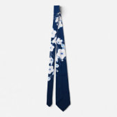 Floral Cherry Blossom Navy Blue White Stropdas (Achterkant)