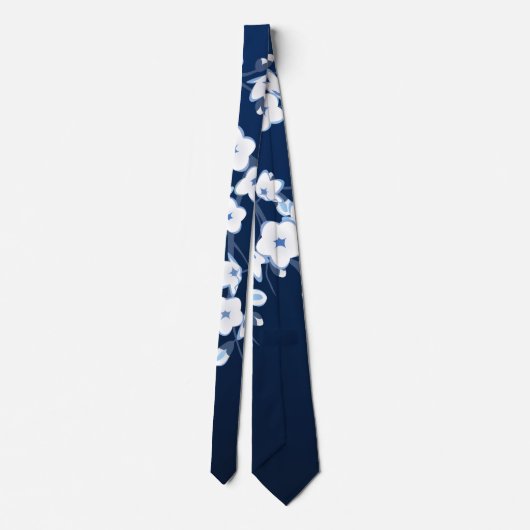Floral Cherry Blossom Navy Blue White Stropdas (Achterkant)
