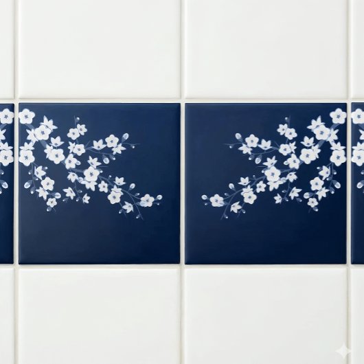 Floral Cherry Blossom Navy Blue White Tegeltje