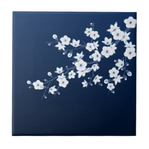 Floral Cherry Blossom Navy Blue White Tegeltje