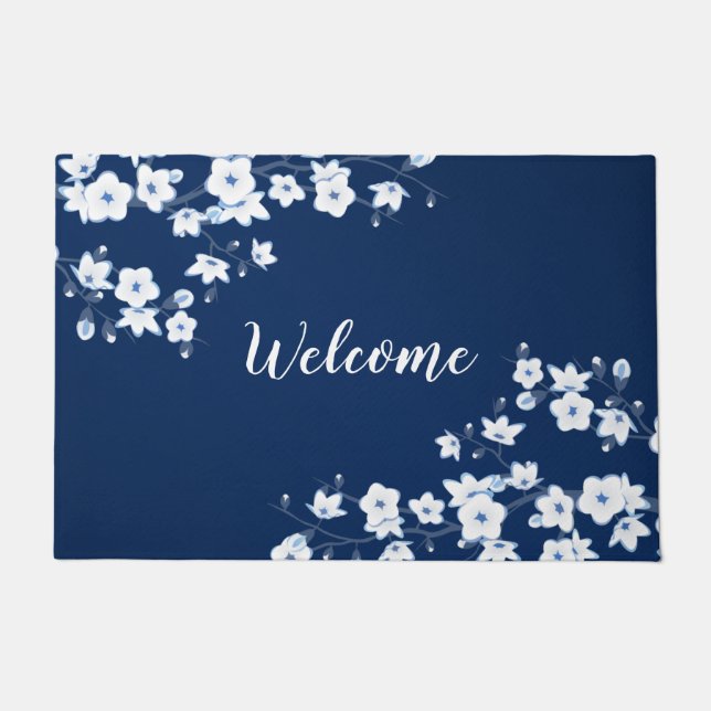 Floral Cherry Blossom Navy Blue White Welkom Deurmat (Voorkant)