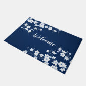 Floral Cherry Blossom Navy Blue White Welkom Deurmat (Schuin)