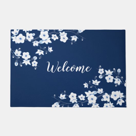 Floral Cherry Blossom Navy Blue White Welkom Deurmat (Voorkant)