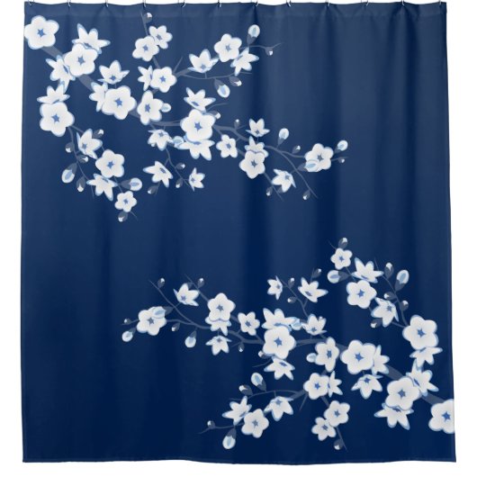 Floral Cherry Blossom Navy White Classic Douchegordijn (Voorkant)