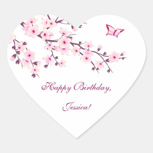 Floral Cherry Blossom Pink Birthday Hart Sticker