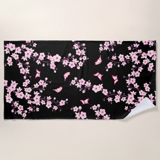Floral Cherry Blossom Pink Black Beach Towel Strandlaken (Voorkant)