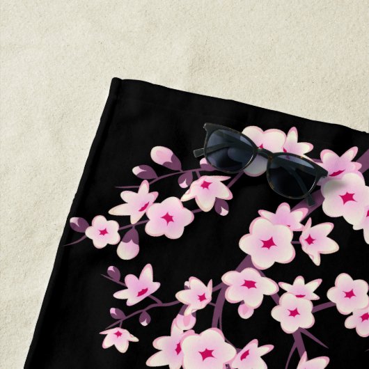 Floral Cherry Blossom Pink Black Beach Towel Strandlaken (In situ)