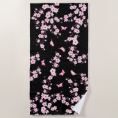 Floral Cherry Blossom Pink Black Beach Towel Strandlaken (Voorkant)