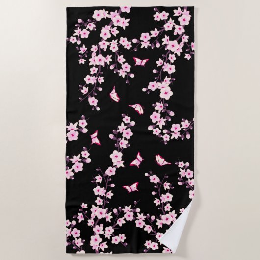 Floral Cherry Blossom Pink Black Beach Towel Strandlaken (Voorkant)