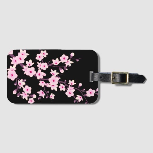 Floral Cherry Blossom Pink Black Feminine Bagagelabel (Voorkant (horizontaal))