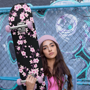 Floral Cherry Blossom Pink Black Girly Persoonlijk Skateboard