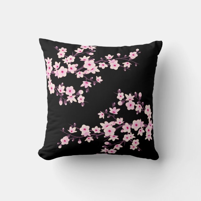 Floral Cherry Blossom Pink Black Kussen (Voorkant)