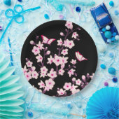 Floral Cherry Blossom Pink Black Papieren Bordje (Feest)