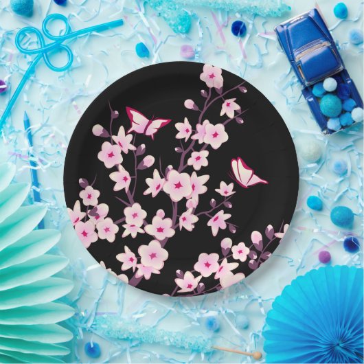 Floral Cherry Blossom Pink Black Papieren Bordje (Feest)