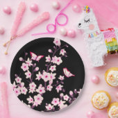 Floral Cherry Blossom Pink Black Papieren Bordje (Feest)