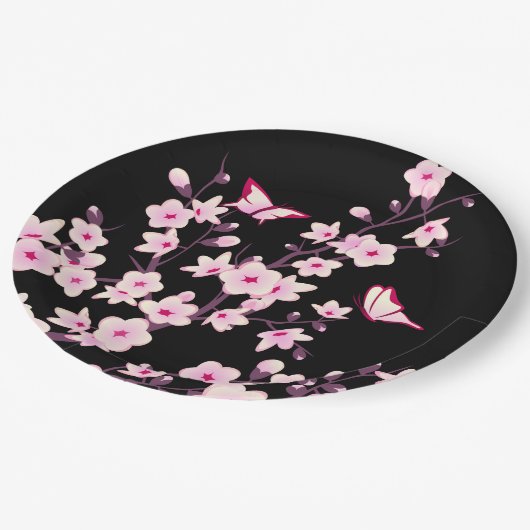 Floral Cherry Blossom Pink Black Papieren Bordje (Gekanteld)