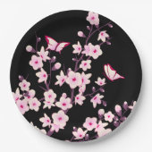 Floral Cherry Blossom Pink Black Papieren Bordje (Voorkant)