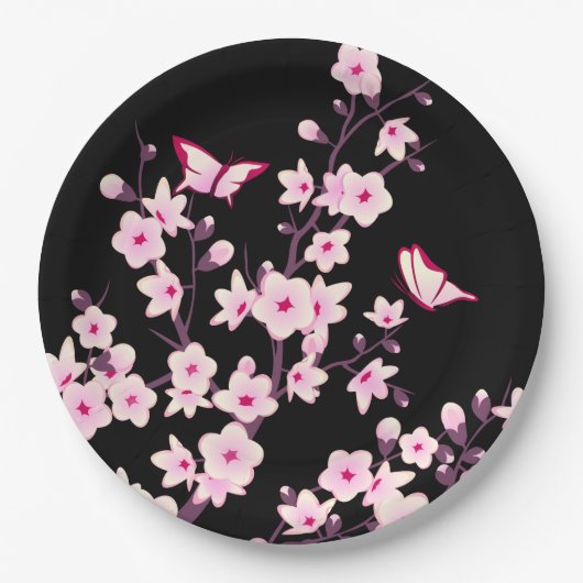 Floral Cherry Blossom Pink Black Papieren Bordje (Voorkant)