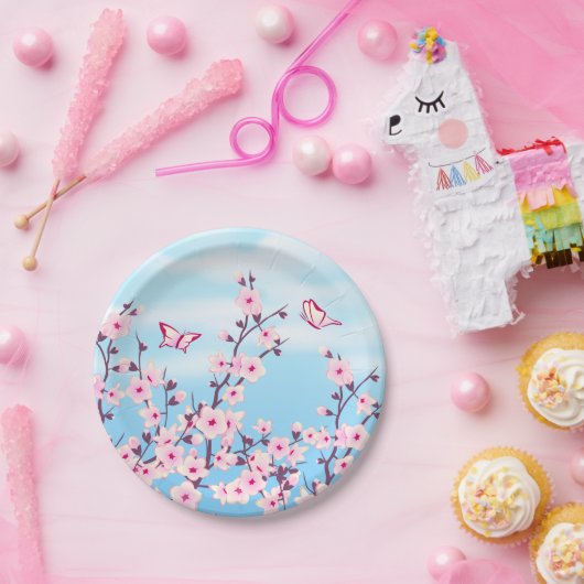 Floral Cherry Blossom Pink Blue Papieren Bordje (Feest)