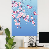 Floral Cherry Blossom Pink Blue Poster (Thuiskantoor)