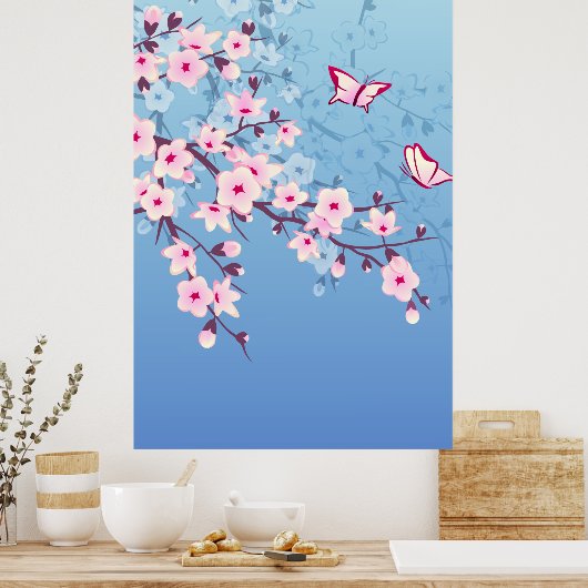 Floral Cherry Blossom Pink Blue Poster (Keuken)
