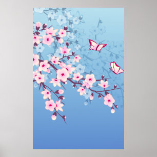 Floral Cherry Blossom Pink Blue Poster