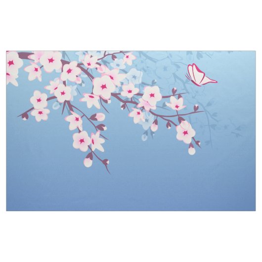 Floral Cherry Blossom Pink Blue Stof (Yard (91,4 cm))