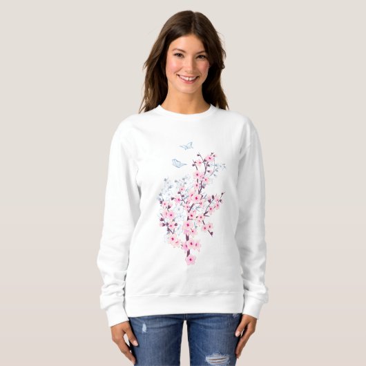 Floral Cherry Blossom Pink Blue Trui (Voorkant volledig)