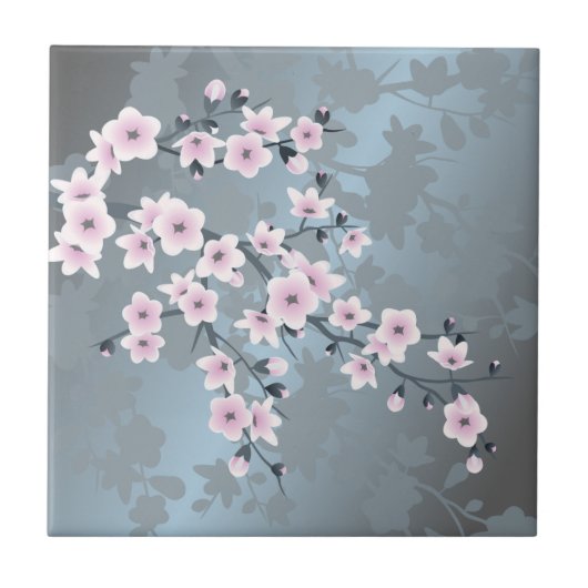 Floral Cherry Blossom Pink Dusty Blue Tegeltje (Voorkant)