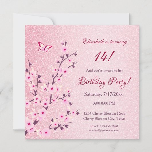 Floral Cherry Blossom Pink Glitter Birthday Kaart (Voorkant)