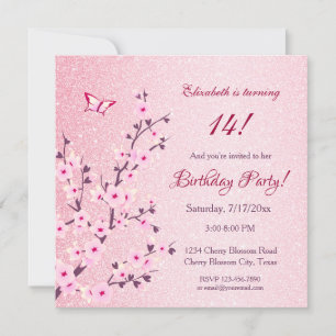 Floral Cherry Blossom Pink Glitter Birthday Kaart