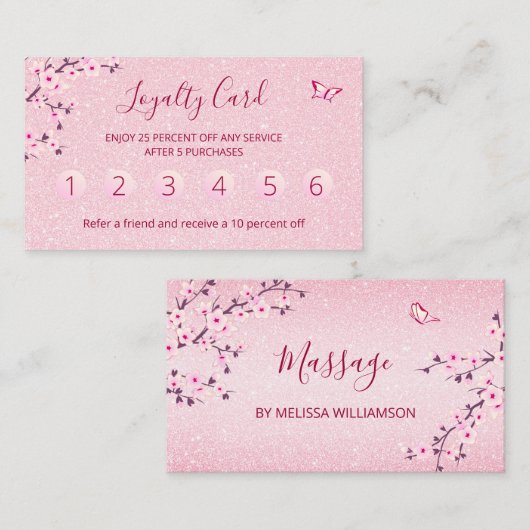 Floral Cherry Blossom Pink Glitter Loyalty Visitekaartje (Voorkant / Achterkant)