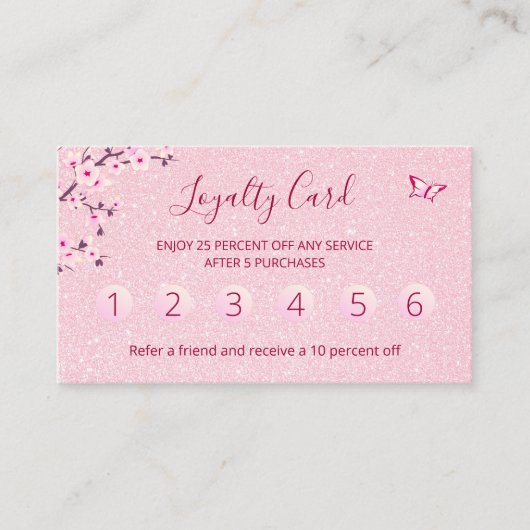 Floral Cherry Blossom Pink Glitter Loyalty Visitekaartje (Voorkant)