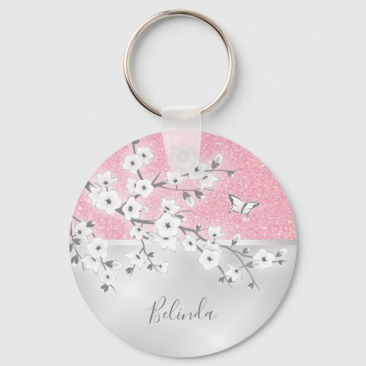Floral Cherry Blossom Pink Glitter Monogram Sleutelhanger (Voorkant)