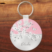 Floral Cherry Blossom Pink Glitter Monogram Sleutelhanger (Voorkant)