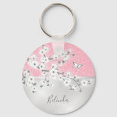 Floral Cherry Blossom Pink Glitter Monogram Sleutelhanger (Achterkant)