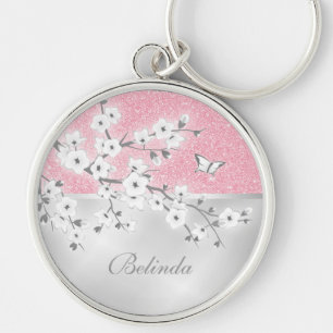 Floral Cherry Blossom Pink Glitter Monogram Sleutelhanger