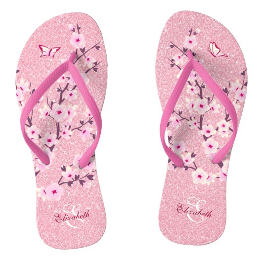 Floral Cherry Blossom Pink Glitter Name Monogram Teenslippers (Voetbed)