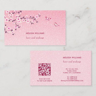 Floral Cherry Blossom Pink Glitter QR Code Visitekaartje
